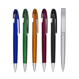 CANETA PLÁSTICA INTEIRA COLORIDA COM DETALHES EM PRATA